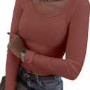 ANRABESS Women Long Sleeve Crop Tops Scoop Neck Ribbed Knit Tight Slim Fit 2025 Fall Going Out Sexy T-Shirts Basic Tee Shirts (Medium, Maroon)