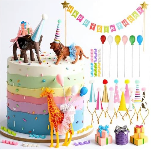 Gemscream 39 Pcs Safari Animal Cake Toppers Party Cake Animal Decorations Jungle Figures with Hats Mini Balloons for Wild Zoo Theme Party Birthday