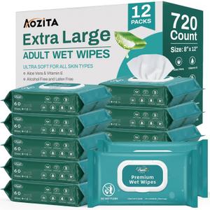 720 Count (12 Packs of 60) Wipes for Adults, 8" x 12" Extra Large Wet Wipes for Incontinence & Cleansing, Disposable Body Shower & Bath Wipes for Elderly Bathing No-Rinse - Vitamin E & Aloe