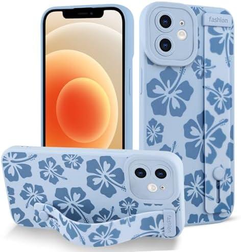 Fiyart Designed for iPhone 12 Case Cute Flowers with Strap Soft TPU Phone Cover Protective Camera Lens Protection for Women Men Floral Bumper with Stand 6.1"-Blue