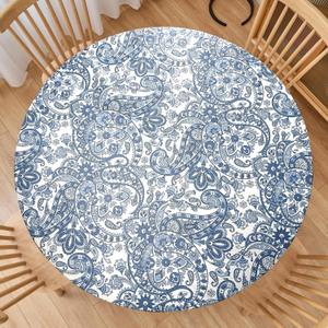 LIBERECOO Luxury Paisley Round Vinyl Tablecloth with Flannel Backing - Waterproof, Oilproof, Wipeable Dining Table Cover for Indoor/Outdoor Use (Paisley Navy Blue)