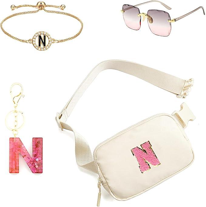 Janhavi Birthday Gifts,Travel Gifts for Women, Initial Crossbody Fanny Pack for Girls, Mini Waist Pack for Travel Essentials, Cute Belt Bag for Girls, Women,Mum Sister-Cream 