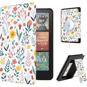 2 x CoBak Lightweight Stand Case for 7" Kindle Paperwhite 12th Gen 2024 and Kindle Colorsoft with Right Hand Strap - Compatible with iPhone MagSafe, for Samsung/Belkin/Anker Wireless Charging Pads (Flower Sea)
