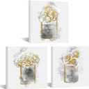 HOMEOART Gold Grey Flower Bathroom Decor Picture Perfume Bottle with Flower Fashion Canvas Wall Art Framed Ready to Hang 12x12inchx3Pieces