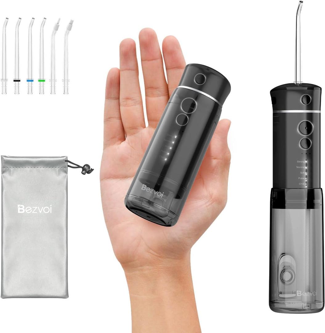 Water Flosser Mini Cordless Portable: 5 Modes Water Dental Floss with Telescopic Water Tank, 6 Tips, IPX7 Waterproof Oral Irrigator for Teeth Cleaning Gums,Orthodontic,Braces Dental Care (Black)