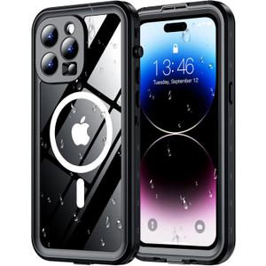Red2Fire for iPhone 14 Pro Case Waterproof, [Built-in Screen Protector & Camera Protector][Compatible with MagSafe][Full Body Shockproof][IP68 Waterproof][Dustproof] Phone Case 6.1" Black/Clear