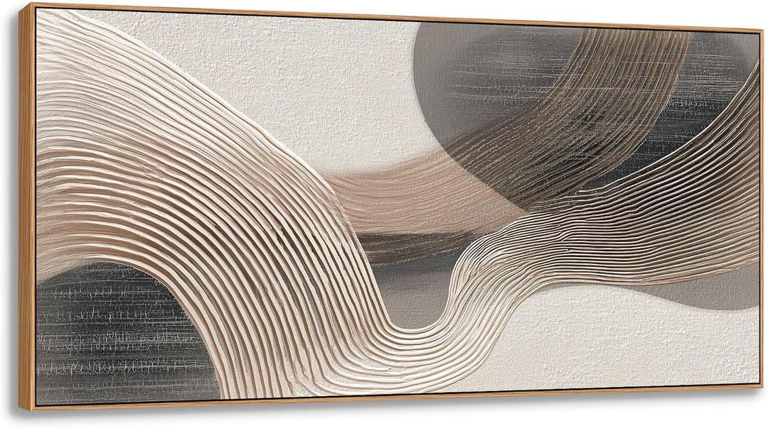 KZKU Large Abstract Canvas Wall Art for Living Room Neutral Beige Brown Textured Wave Artwork, Modern Minimalist Contemporary Wall Decor Panoramic Framed Canvas Print for Bedroom Office Hallway 20x40in