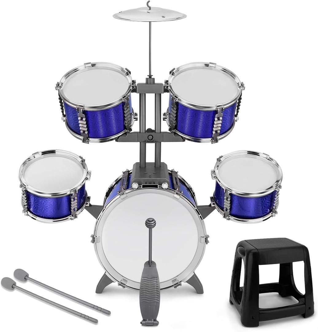 Kids Drum Set 5 Piece Toddlers Jazz Drum Kit with Stool Musical Instrument Toys for 3 4 5 6 7 Year Old Boys Girls Birthday Gift, Small