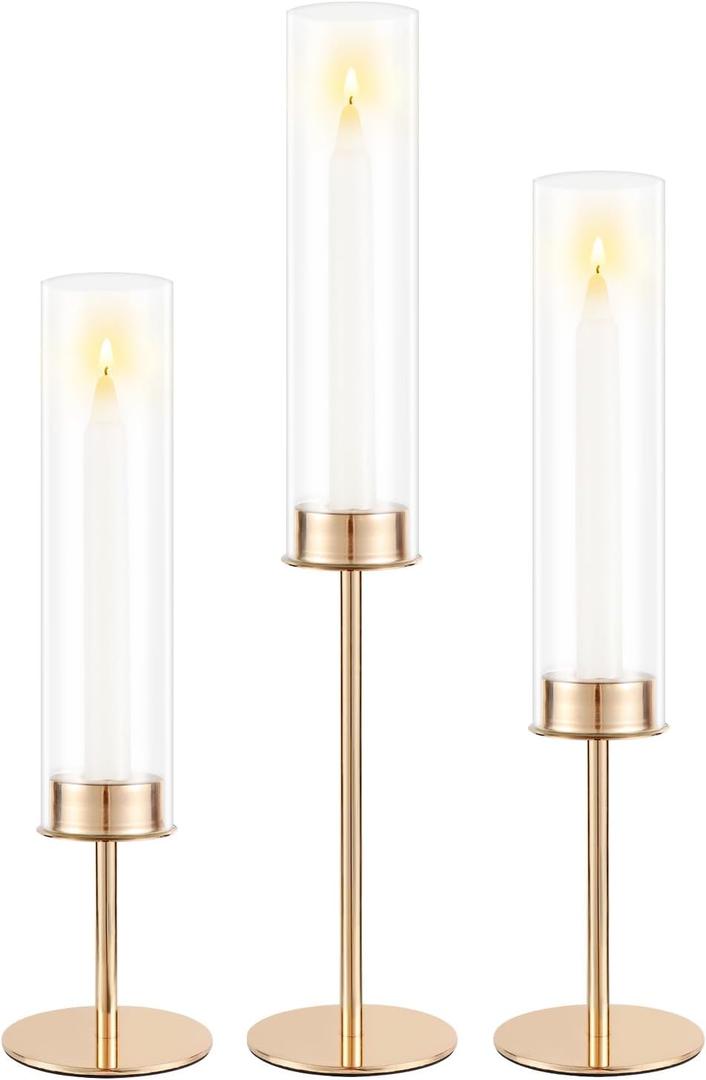 Gold Candle Holders Set of 3 for Glass Taper Candle Holders,Hurricane Candlestick Holder for Home Decor, Wedding, Dinning, Party Decorative, Anniversary (3,Gold)