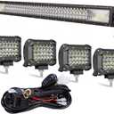 LED Straight Light Bar,32inch 459W +4pcs 72W Led Pods Tri Row Lens Flood Spot Combo Beam Led Driving Lights Super Bright Off Road Lights with Wiring Harness for Trucks UTV ATV Boat