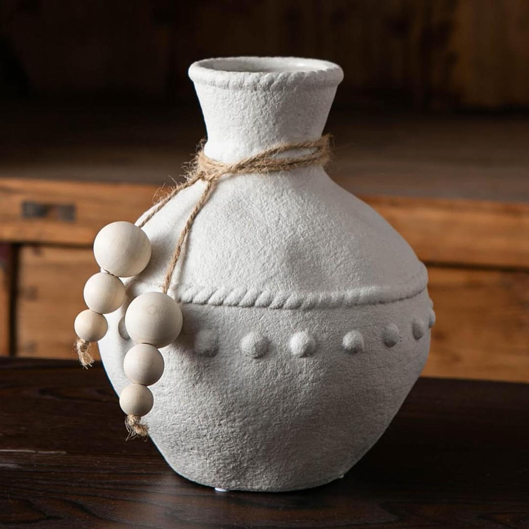 Mowtanco Rustic Ceramic Vase with Boho Wooden Beads, Matte Decorative Pottery for Modern Farmhouse and Bohemian Decor, Floral Arrangements, Living Room, Dining Table Centerpieces