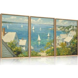 Large Coastal Sailboat Framed Canvas Wall Art Set,Summer Seascape Wall Decor,Nautical Blue Ocean Art Prints,Nature Beach Artwork for Living Room,Bedroom,Dining Room,Office-24 x36 x3