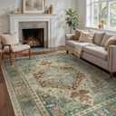 GENIMO 6X9 Area Rugs for Living Room, Machine Washable Vintage Floor Cover Foldable Modern Non Slip Rug, Low Pile Soft Indoor Carpet Floral Print Mat Rug,Bedroom/Dining Room/Home Office,Sage Green