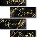 ONIZHITY 4 Pcs Black and Gold Bathroom Decor Black Gold Wall Decor Relax Soak Unwind Breathe Wooden Rustic Marble Style Bathroom Accessories for Bedroom Living Room Decor Kitchen(10X4)