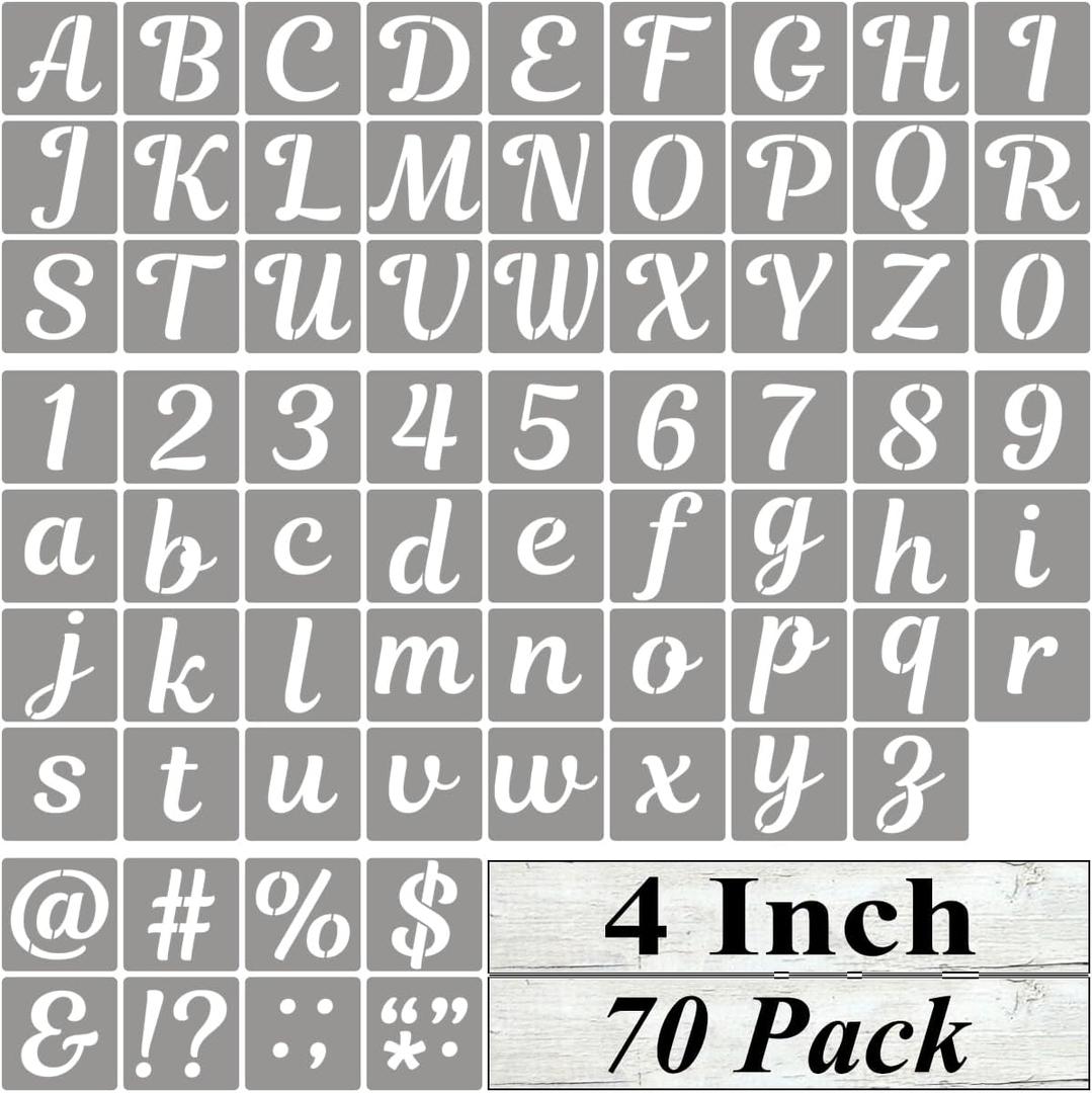 4 Inch Letter Stencils for Painting - 70 Pack Alphabet Letter and Number Stencil Templates with Signs for Painting, Reusable Cursive Alphabet Stencils for Chalkboard Wood Crafts & Wall Decor