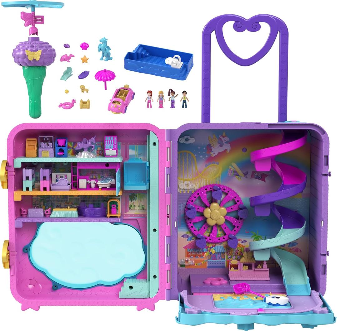 Polly Pocket Dolls, Playset and Travel Toys, 4 Dolls, 1 Vehicle, 25+ Accessories, Resort Roll Away 