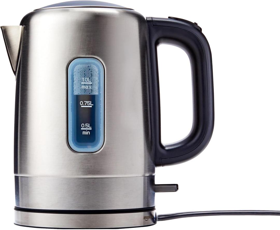 Amazon Basics Electric Stainless Steel Kettle for Tea and Coffee, BPA-Free, Fast Boiling, Auto Shut-Off, 1 Liter, 1500W, Black and Silver