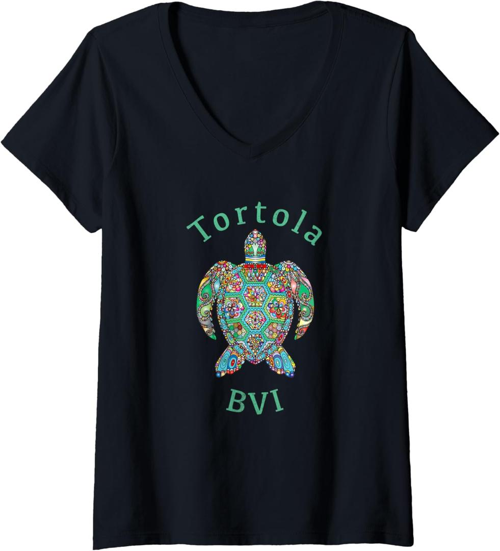 Womens Tortola, British Virgin Islands Tribal Turtle Gift V-Neck T-Shirt (Small, Black)