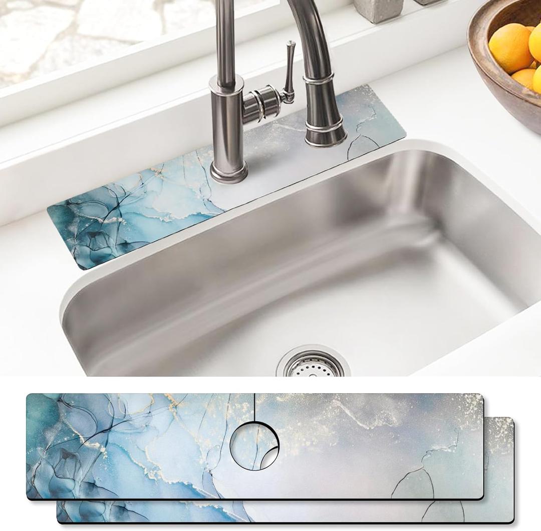 Sink Faucet Absorbing Mat, 2 Pack Drying Mat Around Faucet Sink Splash Guard Behind Faucet Sinkmat For Kitchen Bathroom Island Rv 24 * 5.5 Inch (60 * 14 cm) (Marble)