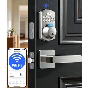 Veise VE012W-L Built-in Wi-Fi Fingerprint Smart Lock with Lever Handle Set, App Remote Control, Keyless Entry for Front Door, Deadbolt Digital Backlit Keypad, Voice Assistant, Auto Lock, Satin Nickel