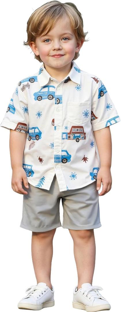 Hawaiian Shirts for Toddler Boy 2 Pieces, Summer Short Button Down Shirt and Short Cute Cartoon Prints Outfit for kid 7Y