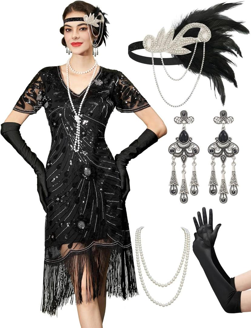 YESSA Flapper Dresses 1920s,Great Gatsby Dresses for Women Fringe Roaring 20s Costumes with 20s Accessories for Harlem Nights (X-Large, Black)