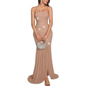 Kaei&Shi Rhinestone Maxi Dress,Tube Drop Waist Formal Dresses with Slit,Sparkly Wedding Guest Cocktail Party Outfits XL
