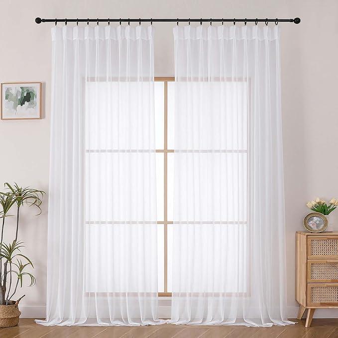 OWENIE Pinch Pleated Curtains, White Sheer Curtains for Living Room Bedroom 108 Inches Extra Long, Airy Soft Solid Light Filtering Sheer Curtain Drapes, 2 Pcs, Each 60x108 Inch