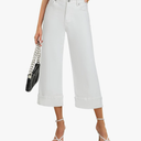 Wide Leg Jeans for Women High Waisted Stretchy Denim Crop Pants Fold Hem Cropped Baggy Jeans with Pockets L
