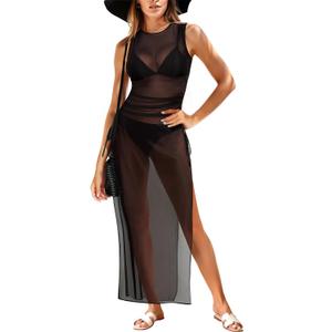 Women's Sexy Swimsuit Cover Up Mesh Sheer Long Coverup High Split See Through Dress for Swimwear L