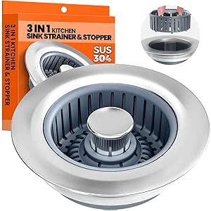 Kitchen Sink Drain Strainer - Upgraded Kitchen Sink Stopper,Sink Stopper Kitchen Drain,Stainless Steel Drain Plug with Anti-Clog Basket Drain Stopper Combo,for Standard 3-1/2'' Drain,Grey