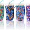 4 Pack Iced Coffee Sleeve,reusable Neoprene Cup Sleeves Suitable For Beverage Sleeves For Hot And Cold Coffee Or Ice Drink Coffee cup sleeve for Starbucks coffee cup(Flowers, 22-24 OZ)