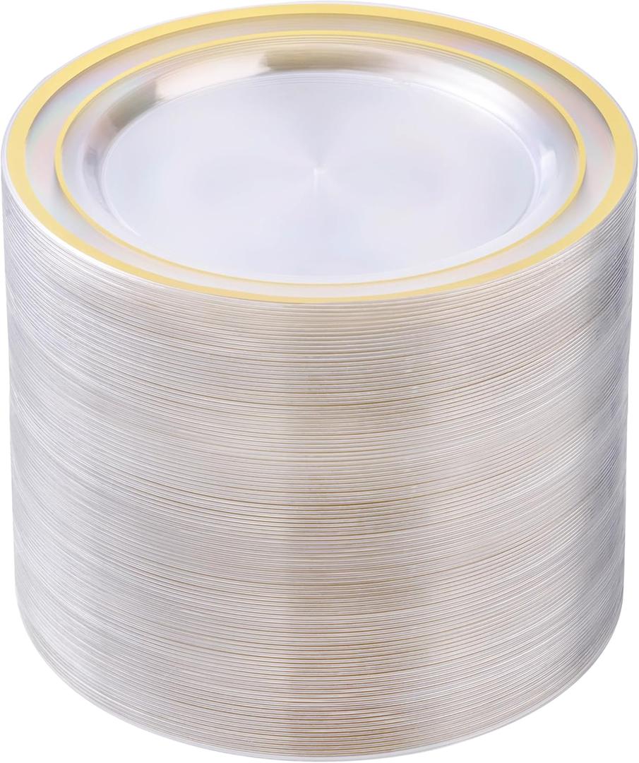 100PCS Clear Plastic Plates for Party, 7 Inch Heavy Duty Dinner Plates with Gold Rim, Disposable Plates for Wedding and Birthday