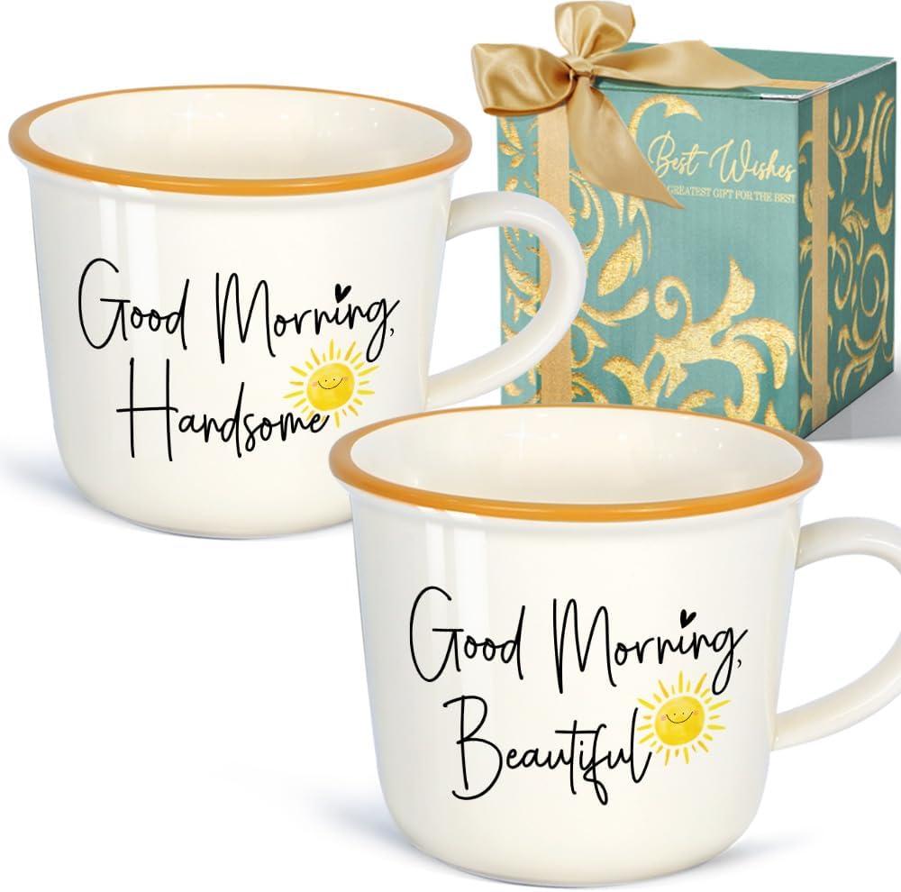Good Morning Beautiful Handsome Coffee Mug Set of 2, His & Hers Couple Coffee Mug Set 12OZ, Sunshine Gifts for Couple Husband Wife