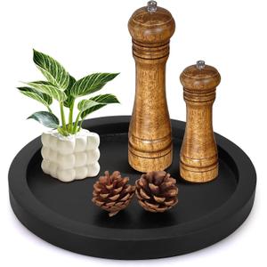 Rustic Decorative Wooden Serving Tray Home Decor Round Ottoman Coffee Table Trays Farmhouse Living Room Dinner Table Centerpiece Accessories Wood Candle Holder Tray for Kitchen Counter Bathroom Vanity (12", Black)