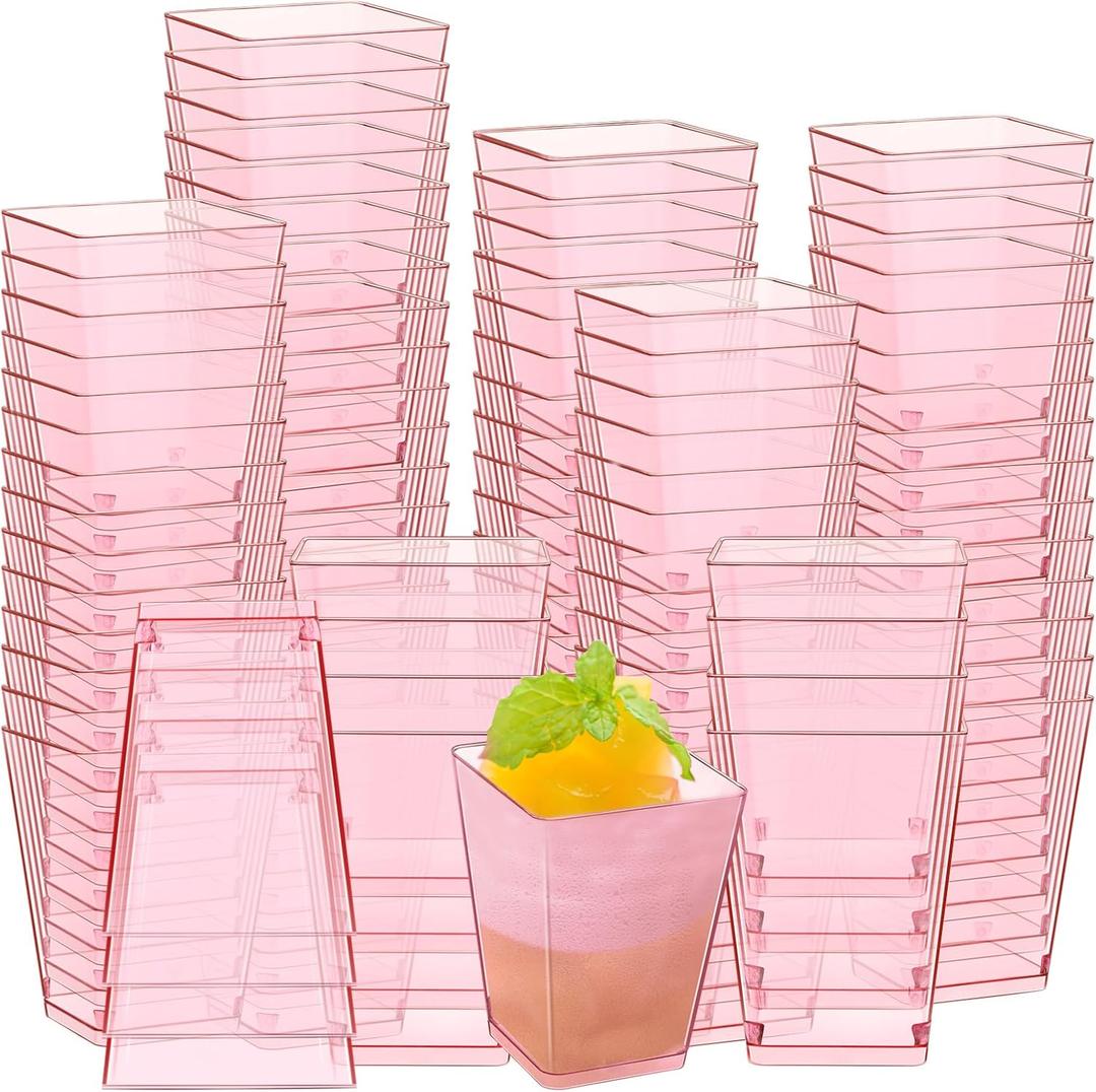 Mifoci 5 oz Plastic Dessert Cups Appetizer Cups for Parties Mini Square Disposable Dessert Bowls Clear Parfait Bowls for Pudding Fruit Yogurt Ice Cream Mousse(Pink,100 Pcs)