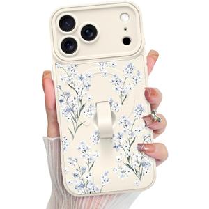 KANGHAR Compatible with iPhone 17 Pro Max Case, Support for MagSafe, Silicone Cute Pattern Floral Flower Design, Wristband Kickstand Shockproof Soft Bumper Protective Cover for Girls Women, White