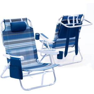 Beach Chair 2 Pack Aluminum 5 Positions Lay Flat Mesh Fabric Folding Beach Reclining Chair with Backpack Straps, Cooler Bag & Cup Holder for Outdoor Lawn Camping