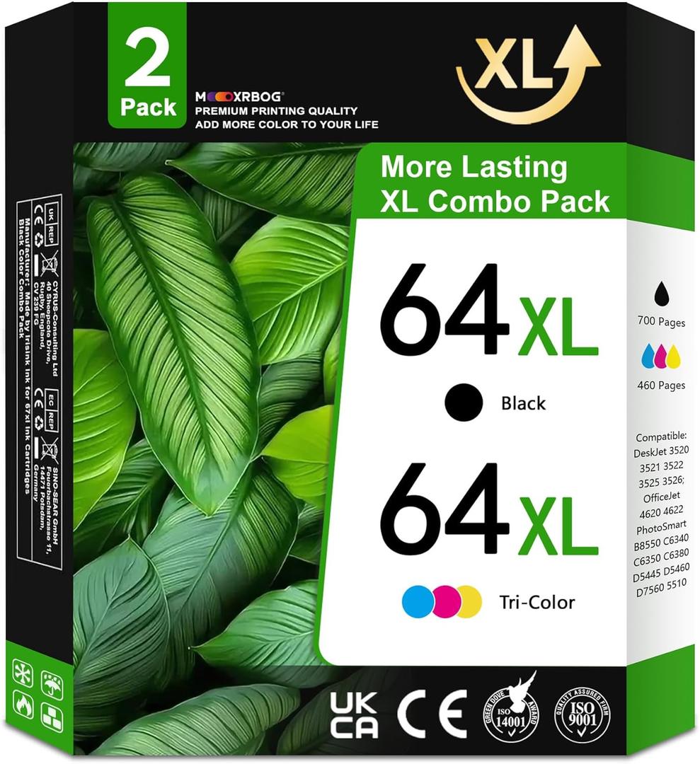 64XL Ink Cartridges Black and Color Replacement for HP 64 Ink Combo Pack for Envy Photo 7855 7858 7155 7120 Printer (2-Pack, Black/Tri-Color)