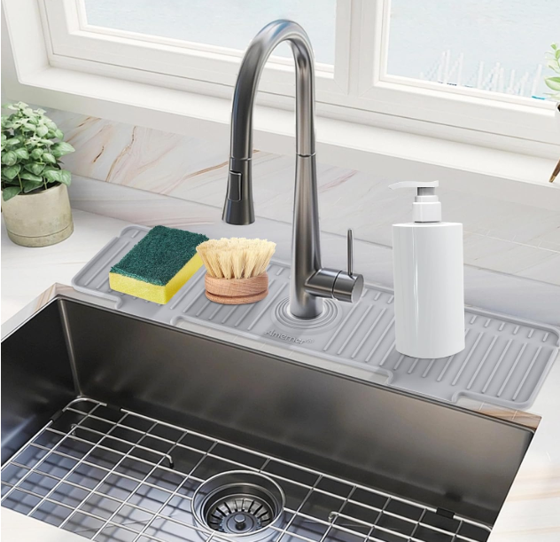 Amerner 20 inch Kitchen Sink Splash Guard, 10° Large Slope & Adaptable Hole Faucet Mat for Kitchen Sink, Silicone Sink Organizer Sponge Holder for Kitchen, Bathroom, RV, Bar, 20” x 5.5”, Gray