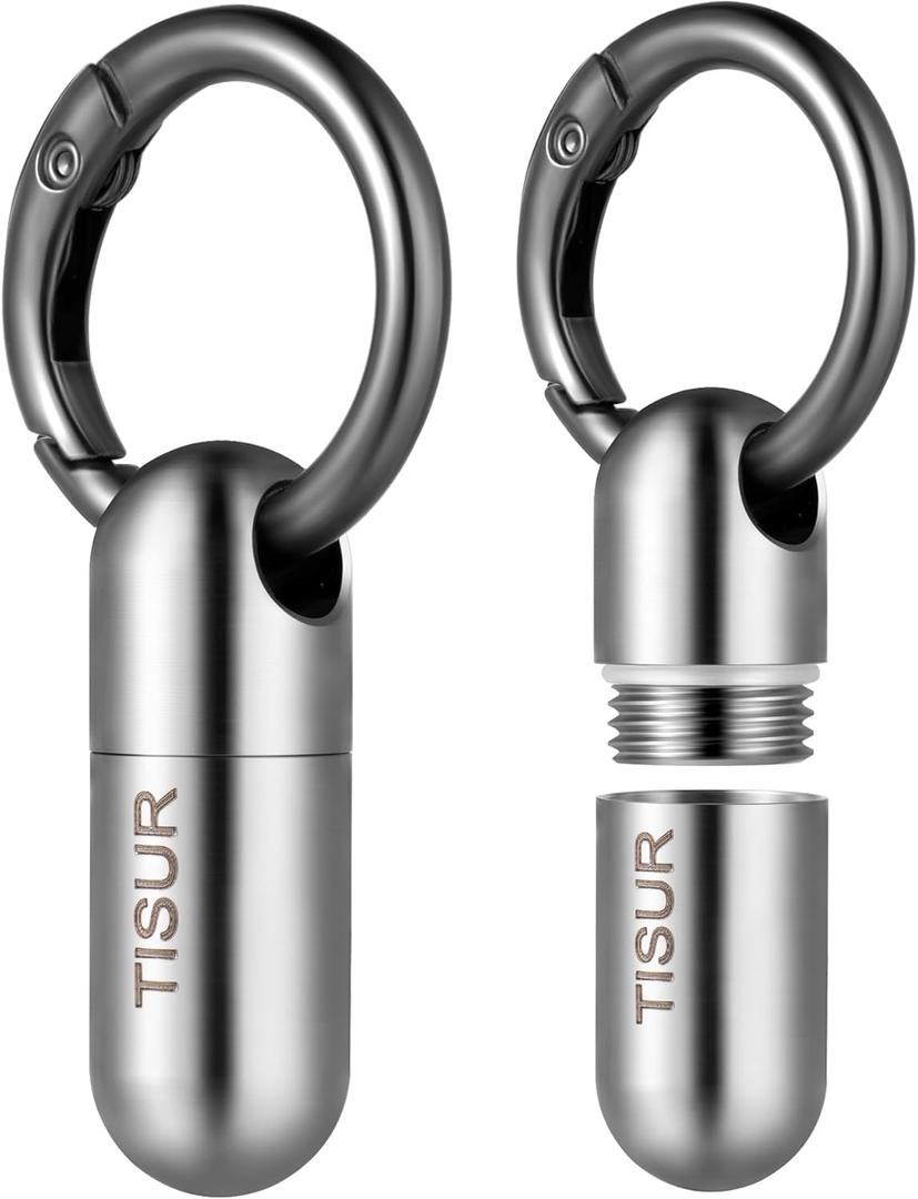 TISUR Micro Keychain Pill Holder, Titanium Pill Case Waterproof Pill Fob for Emergency Aspirin & Nitroglycerin for Travel Purse Pocket (2 Pcs Gray Tiny)