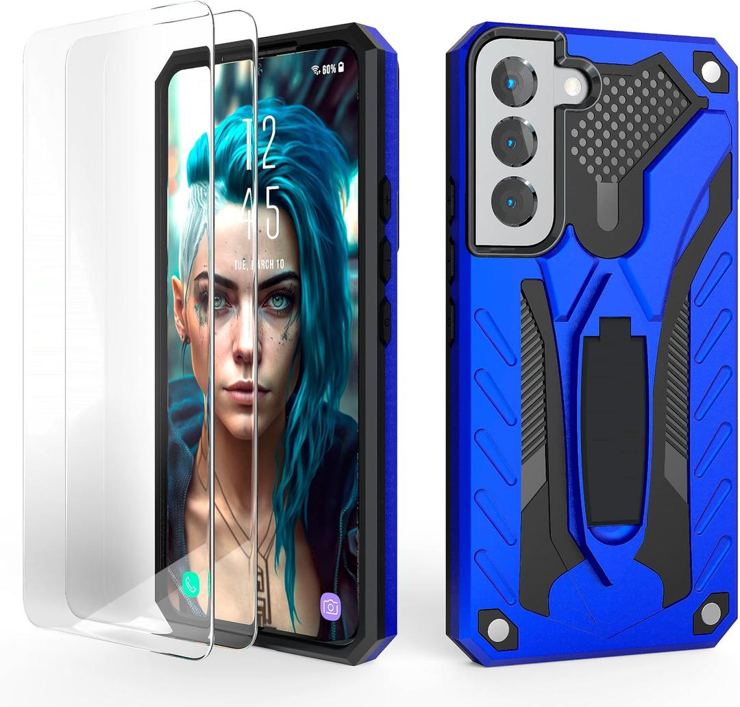 Kitoo Made in USA Defender Designed for Samsung Galaxy S22 Eco-Friendly Case with Kickstand and Screen Protector, Military Grade Shockproof 12ft. Drop Tested - Blue