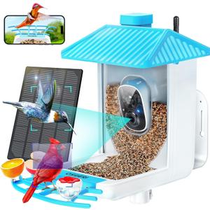 Osoeri Bird Feeder with Camera - Solar Smart Bird Feeder with AI Identify, 1080P HD Auto Capture Birds Video, Real-Time Alerts, Gifts for Family and Friends, 2.4GHz WiFi (Single Bin, Blue white)