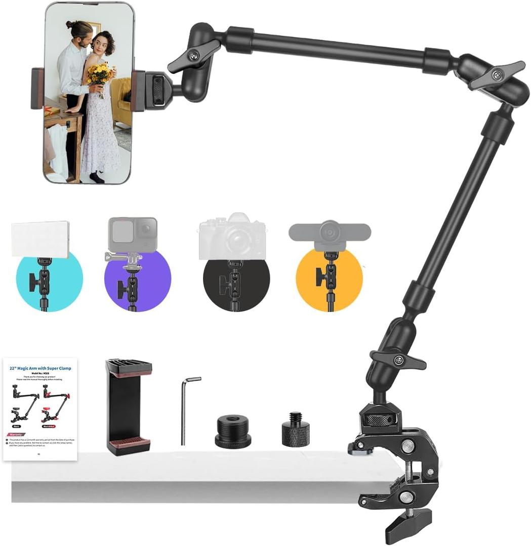 22" Magic Arm w Clamp, Overhead Phone Mount, Desk Camera Mount w Articulating Friction Boom Arm Thread Adapter, for Phone Video Light Webcam Microphone Action Camera Content Creators