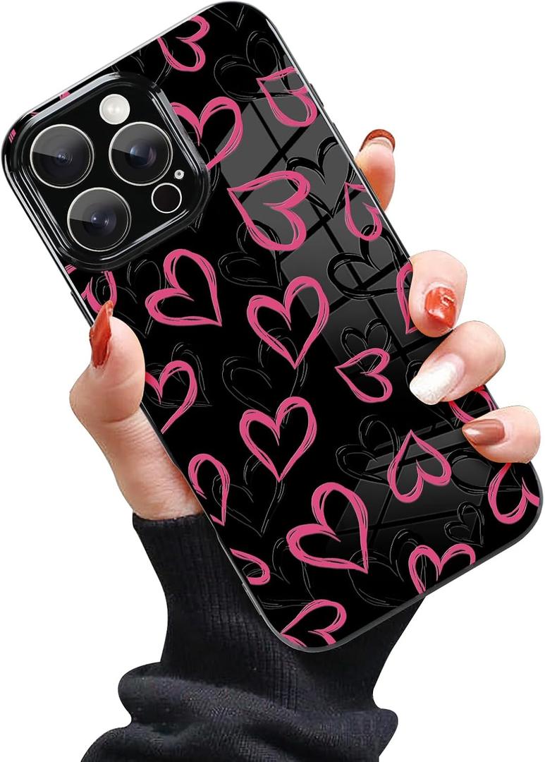 Soft Case for iPhone 16 Pro Case, Slim Cute Love Heart Pattern | Glossy Plating Flexible Camera Protection Back Cover for Girls Women, Black (Pink Heart)