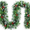 9FT Artificial Christmas Garland with LED Light Battery Operated Light Garland with 30 LED Warm Lights and 18 Red Berries for Mantle Stairs Fireplace Xmas Decoration