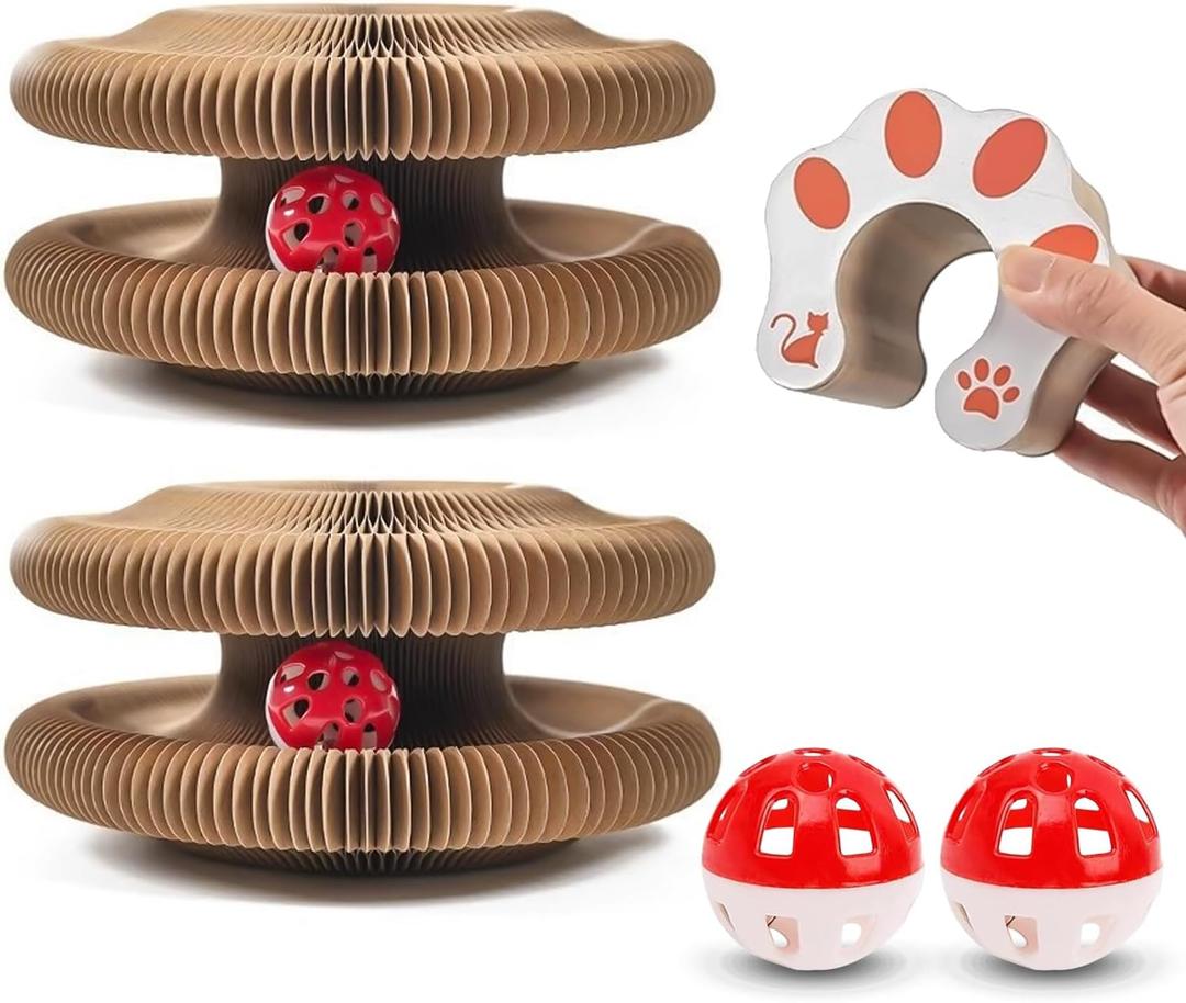 2-Pack Cat Scratcher Toy - Magic Organ Cat Scratching Board with Bell Balls for Indoor Cats Magic Organ Cat Scratcher Interactive Cardboard Cat Toy Scratcher Furniture Protection