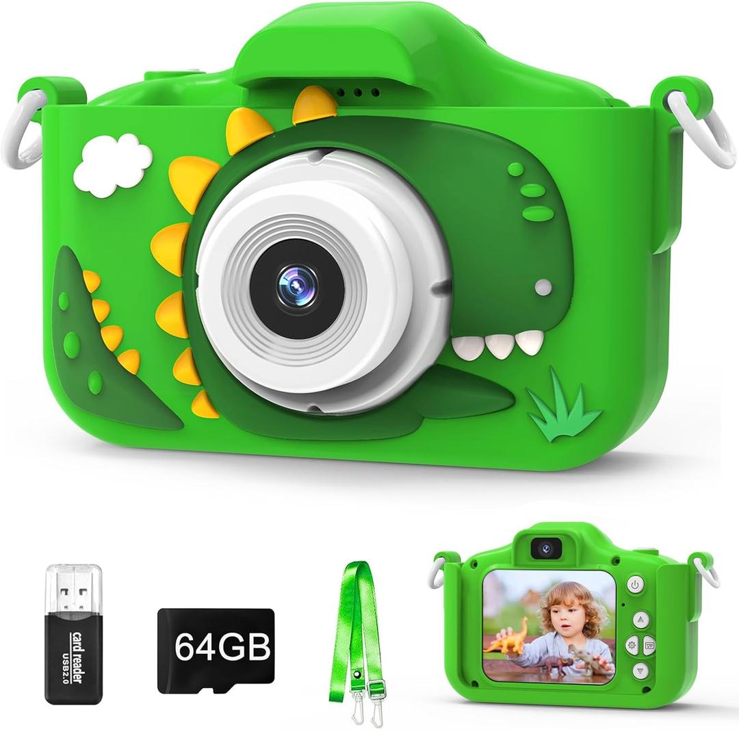 Kids Camera Toys for 3-8 Year Old Girls Boys, 48MP Dual Lens 1080P Toddler Camera for Kids with 64GB SD Card, Kids Digital Video Camcorder Selfie Camera for Christmas Birthday Gifts (Green)