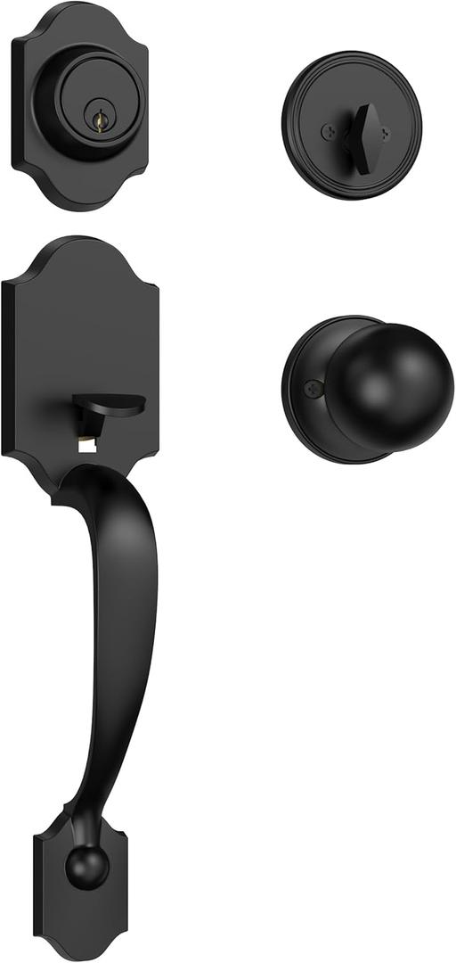 Estmoon Front Door Lock Set Matte Black Exterior Door Handle, Deadbolt Lock with Interior Door Knob for Entry Doors, Front Door Handle and Single Cylinder Deadbolt Reversible for Left &Right Hand Door