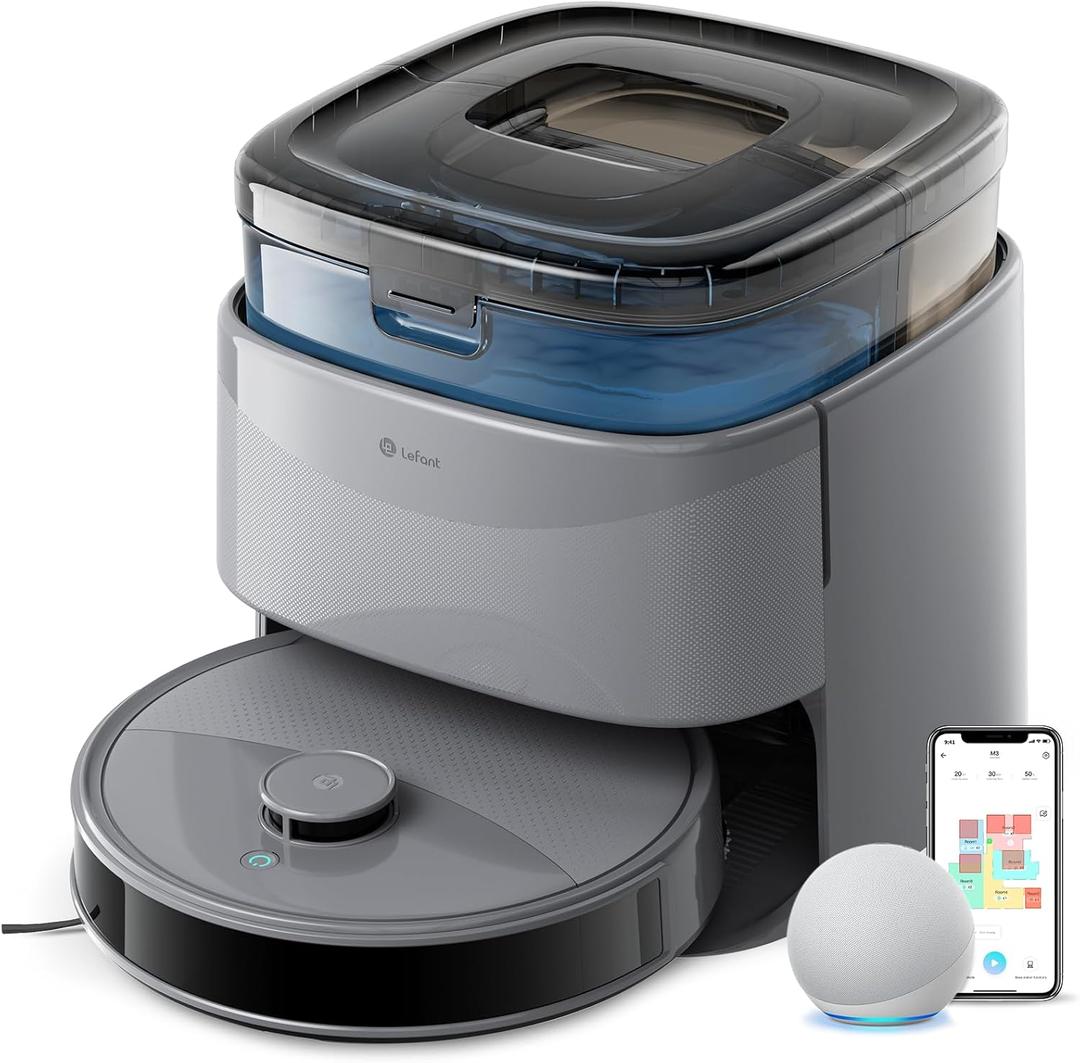 Lefant M3 Max Robot Vacuum, Robot Vacuum and Mop, 20000Pa Suction, Anti-Tangle Brushes, Dual Spinning Mop,Smart Obstacle AvoidanceSelf-Emptying&Refilling Auto Mop Washing&Drying Gray